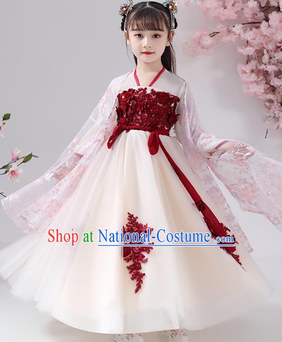 Chinese Traditional Chiffon Hanfu Dress Apparels Ancient Princess Costumes Stage Show Girl Pink Cape Blouse and Beige Skirt for Kids