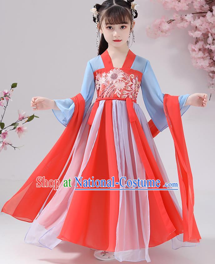 Chinese Traditional Hanfu Dress Apparels Ancient Princess Costumes Stage Show Girl Blue Cape Blouse and Watermelon Red Skirt for Kids