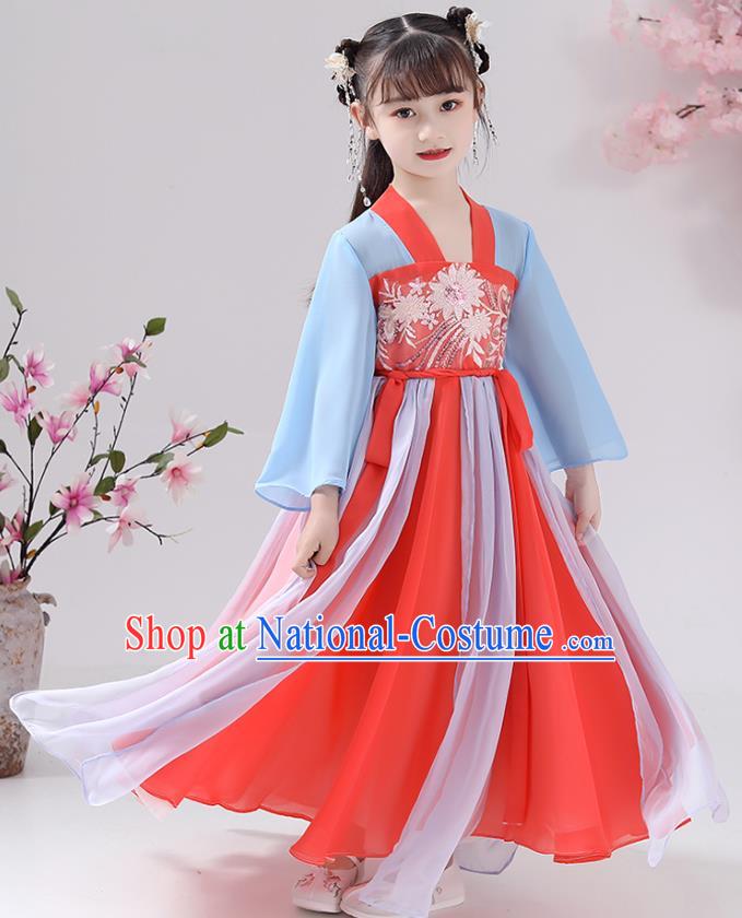 Chinese Traditional Hanfu Dress Apparels Ancient Princess Costumes Stage Show Girl Blue Cape Blouse and Watermelon Red Skirt for Kids