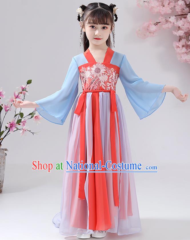 Chinese Traditional Hanfu Dress Apparels Ancient Princess Costumes Stage Show Girl Blue Cape Blouse and Watermelon Red Skirt for Kids