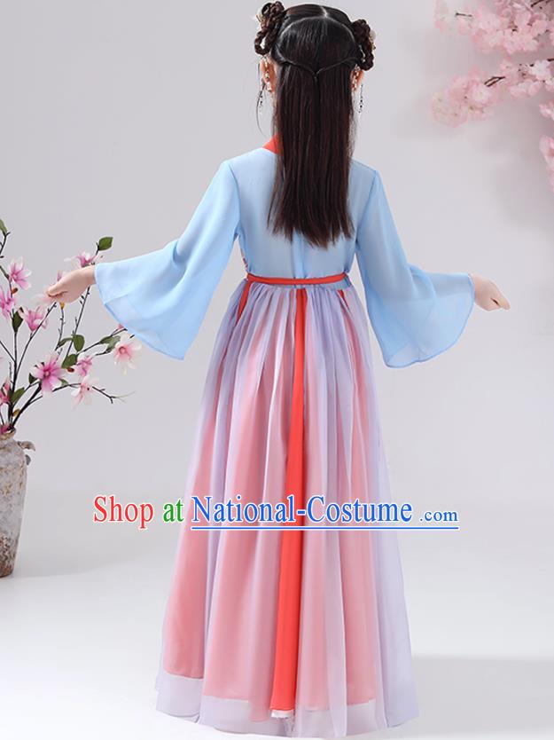 Chinese Traditional Hanfu Dress Apparels Ancient Princess Costumes Stage Show Girl Blue Cape Blouse and Watermelon Red Skirt for Kids