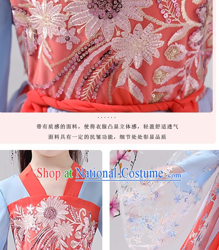 Chinese Traditional Hanfu Dress Apparels Ancient Princess Costumes Stage Show Girl Blue Cape Blouse and Watermelon Red Skirt for Kids