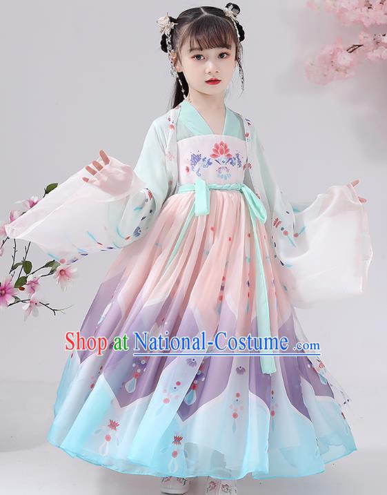 Chinese Traditional Printing Chiffon Hanfu Dress Apparels Ancient Princess Costumes Stage Show Girl Cape Blouse and Skirt for Kids