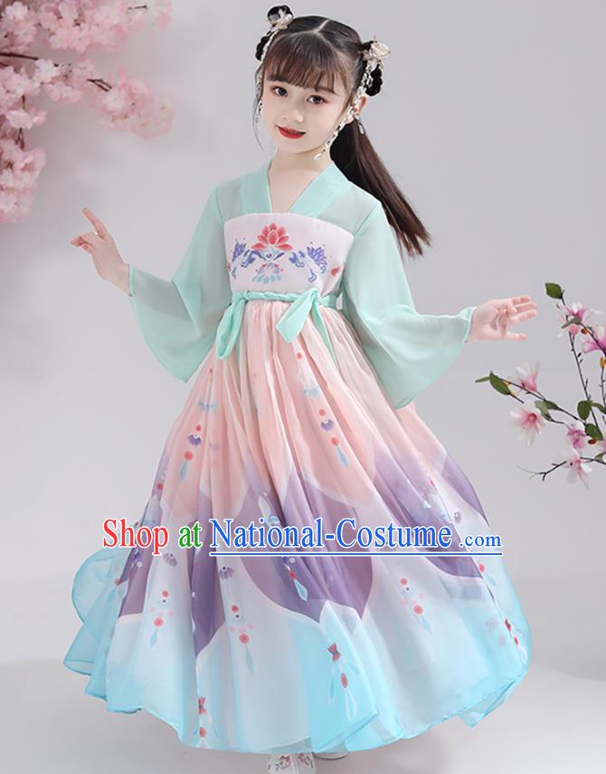 Chinese Traditional Printing Chiffon Hanfu Dress Apparels Ancient Princess Costumes Stage Show Girl Cape Blouse and Skirt for Kids