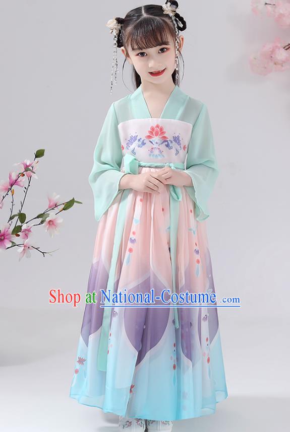 Chinese Traditional Printing Chiffon Hanfu Dress Apparels Ancient Princess Costumes Stage Show Girl Cape Blouse and Skirt for Kids