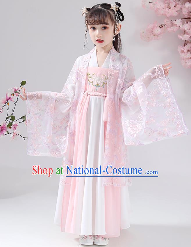 Chinese Traditional Girl Princess Hanfu Dress Apparels Ancient Costumes Stage Show Pink Cape Blouse and Skirt for Kids