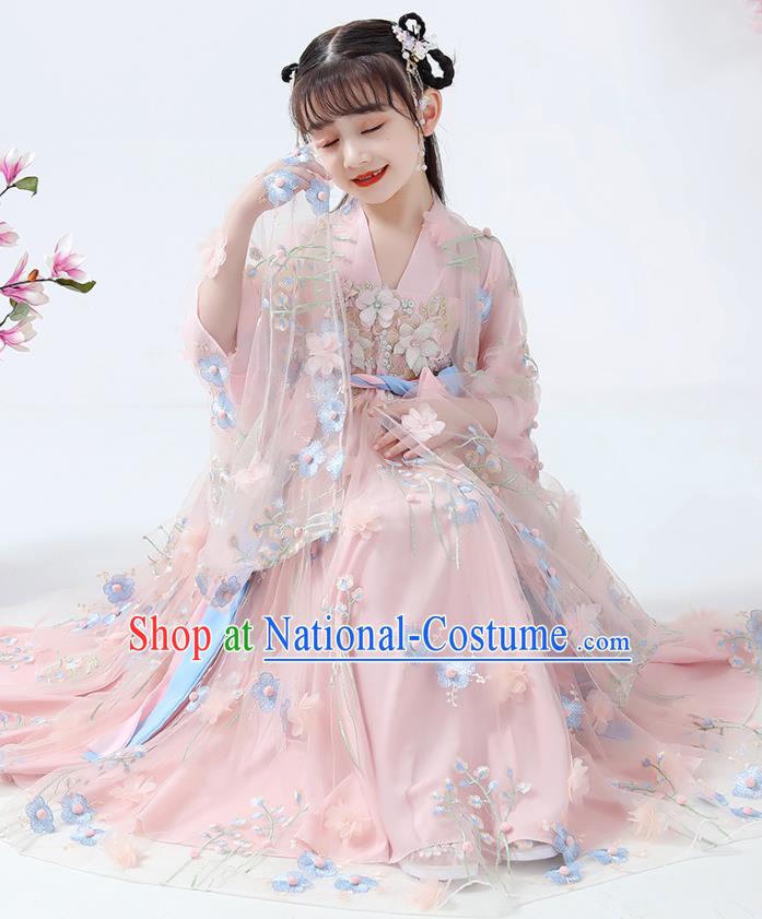 Chinese Traditional Fairy Girl Hanfu Dress Ancient Princess Costumes Stage Show Apparels Flowers Cape Blouse and Pink Skirt for Kids