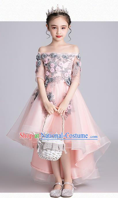 Top Grade Stage Show Baby Princess Pink Dress Children Girls Birthday Costume Compere Flat Shoulder Full Dress