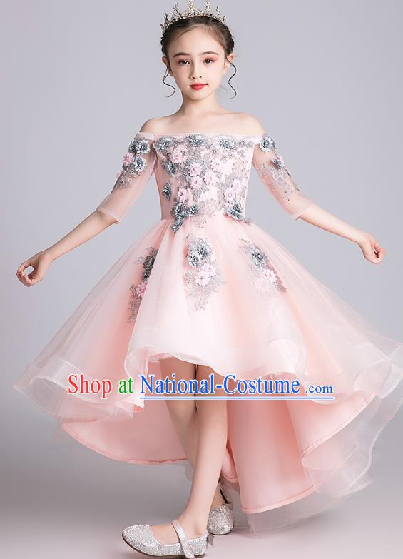 Top Grade Stage Show Baby Princess Pink Dress Children Girls Birthday Costume Compere Flat Shoulder Full Dress