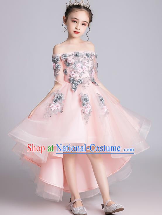 Top Grade Stage Show Baby Princess Pink Dress Children Girls Birthday Costume Compere Flat Shoulder Full Dress