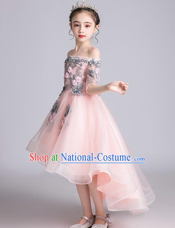 Top Grade Stage Show Baby Princess Pink Dress Children Girls Birthday Costume Compere Flat Shoulder Full Dress