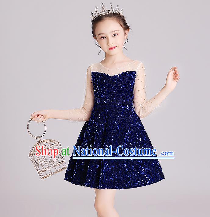 Top Grade Stage Show Royalblue Short Dress Children Girls Birthday Costume Compere Full Dress