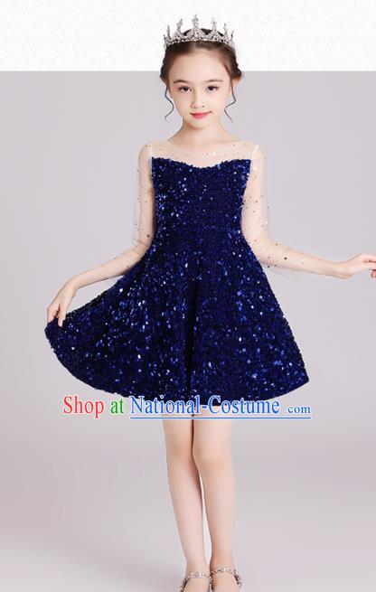 Top Grade Stage Show Royalblue Short Dress Children Girls Birthday Costume Compere Full Dress