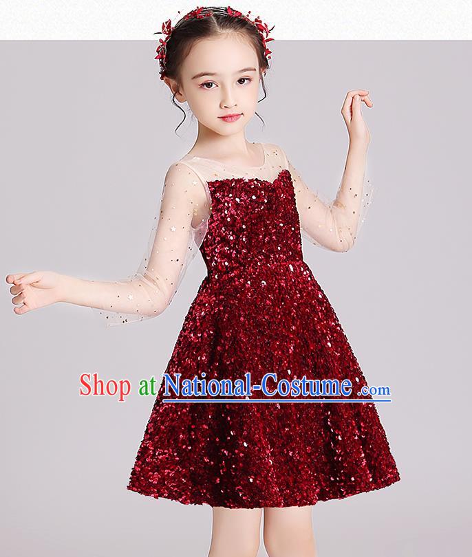 Top Grade Stage Show Red Short Dress Children Girls Birthday Costume Compere Full Dress