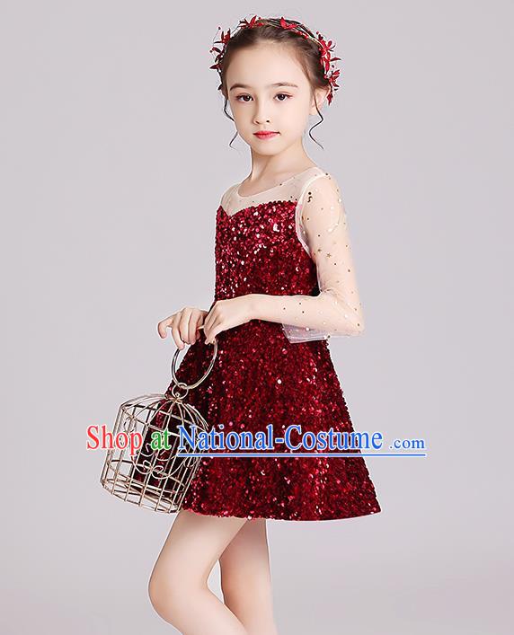 Top Grade Stage Show Red Short Dress Children Girls Birthday Costume Compere Full Dress