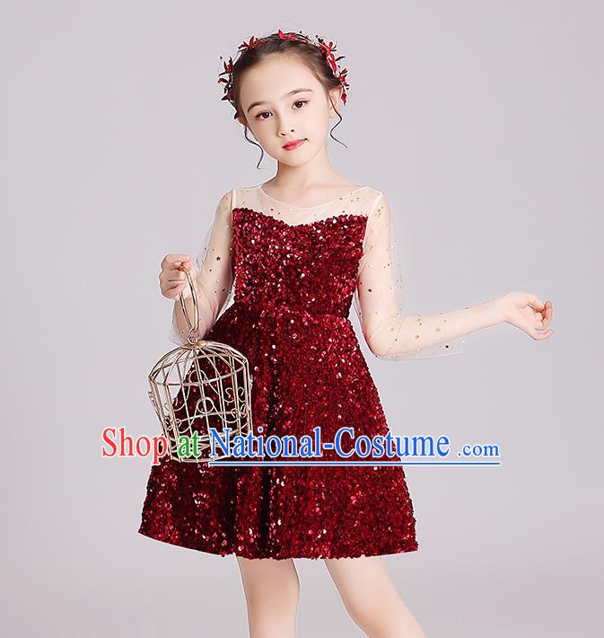 Top Grade Stage Show Red Short Dress Children Girls Birthday Costume Compere Full Dress