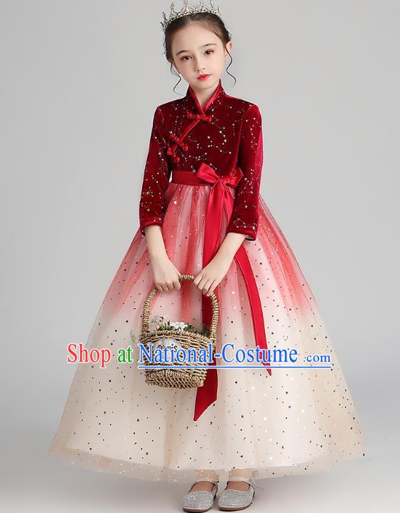 Chinese Traditional Tang Suit Red Velvet Qipao Dress Apparels Ancient Girl Costumes Stage Show Veil Cheongsam for Kids