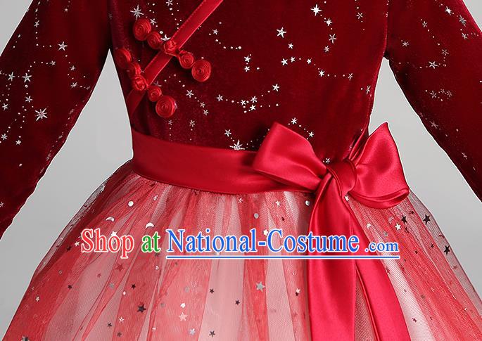 Chinese Traditional Tang Suit Red Velvet Qipao Dress Apparels Ancient Girl Costumes Stage Show Veil Cheongsam for Kids