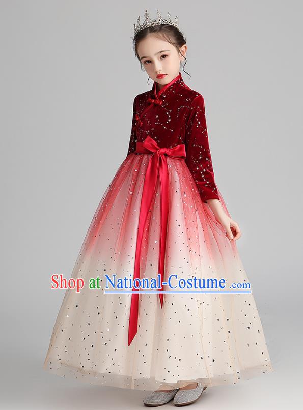 Chinese Traditional Tang Suit Red Velvet Qipao Dress Apparels Ancient Girl Costumes Stage Show Veil Cheongsam for Kids