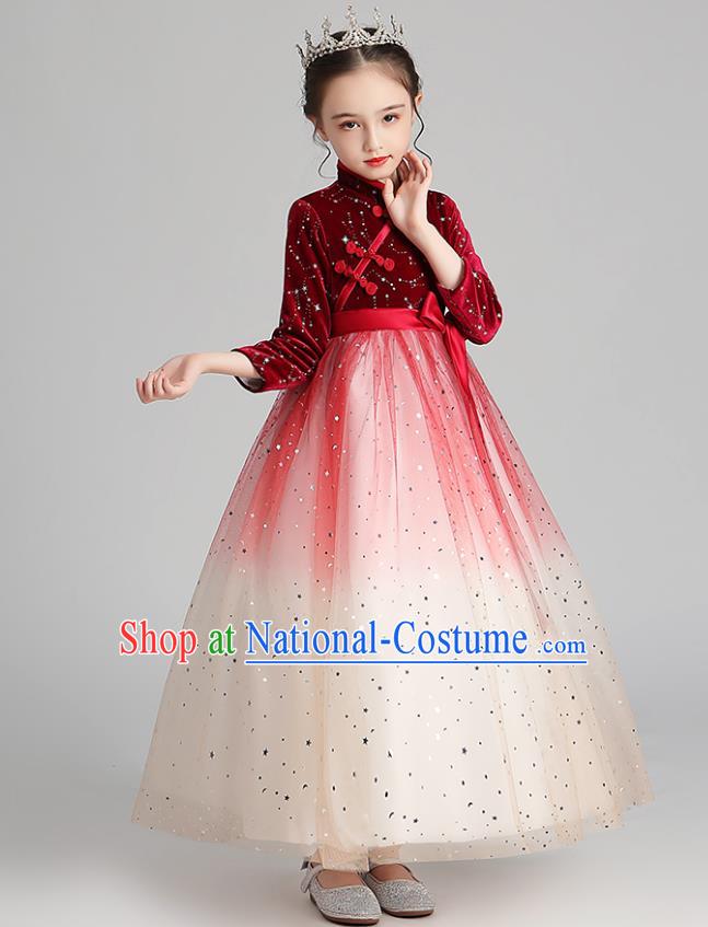 Chinese Traditional Tang Suit Red Velvet Qipao Dress Apparels Ancient Girl Costumes Stage Show Veil Cheongsam for Kids