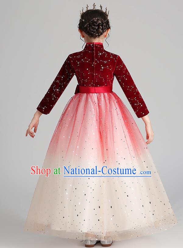 Chinese Traditional Tang Suit Red Velvet Qipao Dress Apparels Ancient Girl Costumes Stage Show Veil Cheongsam for Kids