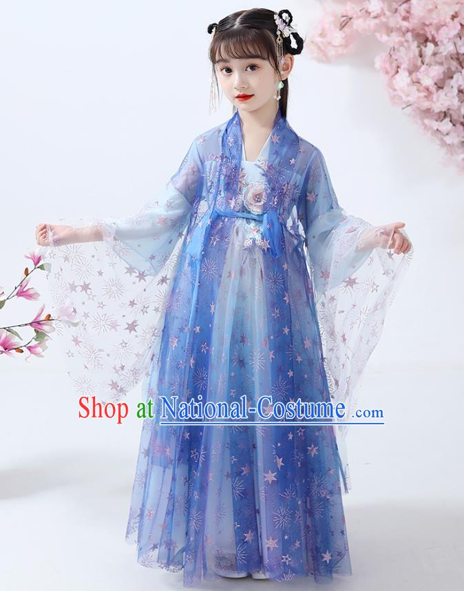 Chinese Traditional Flowers Fairy Hanfu Dress Ancient Princess Costumes Stage Show Apparels Girl Blue Cape Blouse and Skirt for Kids