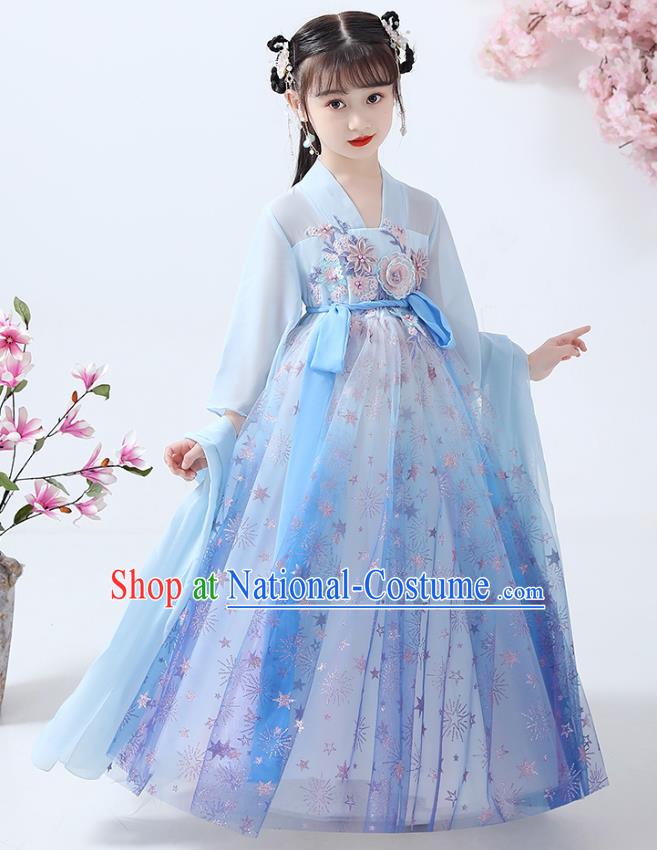 Chinese Traditional Flowers Fairy Hanfu Dress Ancient Princess Costumes Stage Show Apparels Girl Blue Cape Blouse and Skirt for Kids