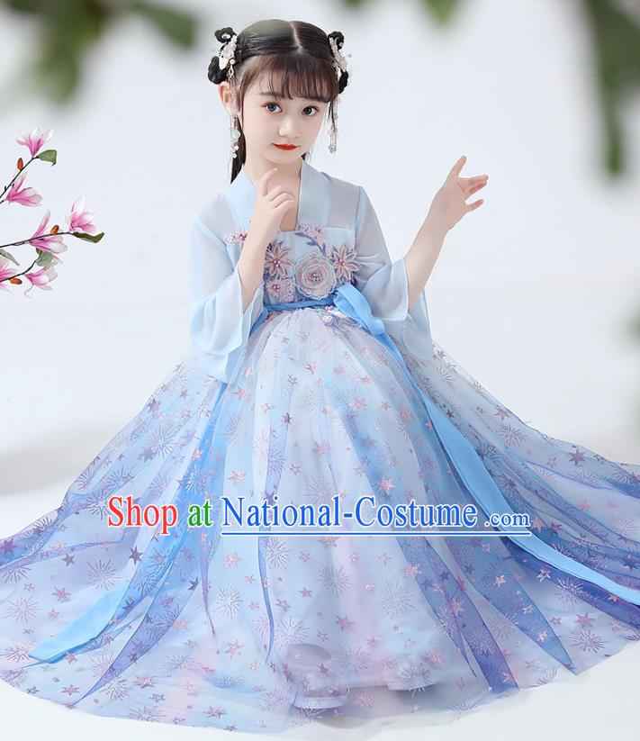 Chinese Traditional Flowers Fairy Hanfu Dress Ancient Princess Costumes Stage Show Apparels Girl Blue Cape Blouse and Skirt for Kids