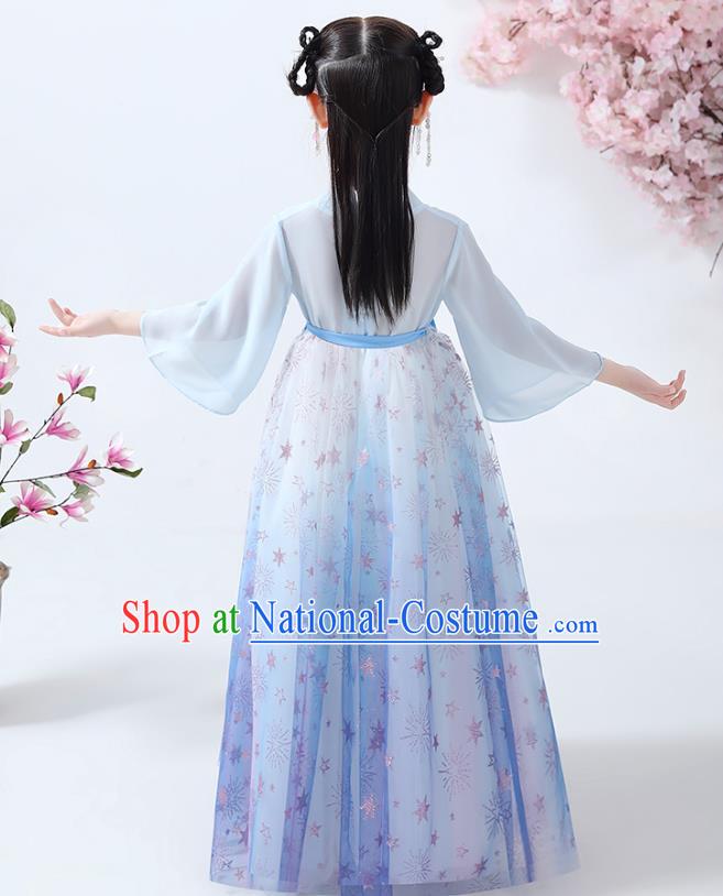 Chinese Traditional Flowers Fairy Hanfu Dress Ancient Princess Costumes Stage Show Apparels Girl Blue Cape Blouse and Skirt for Kids