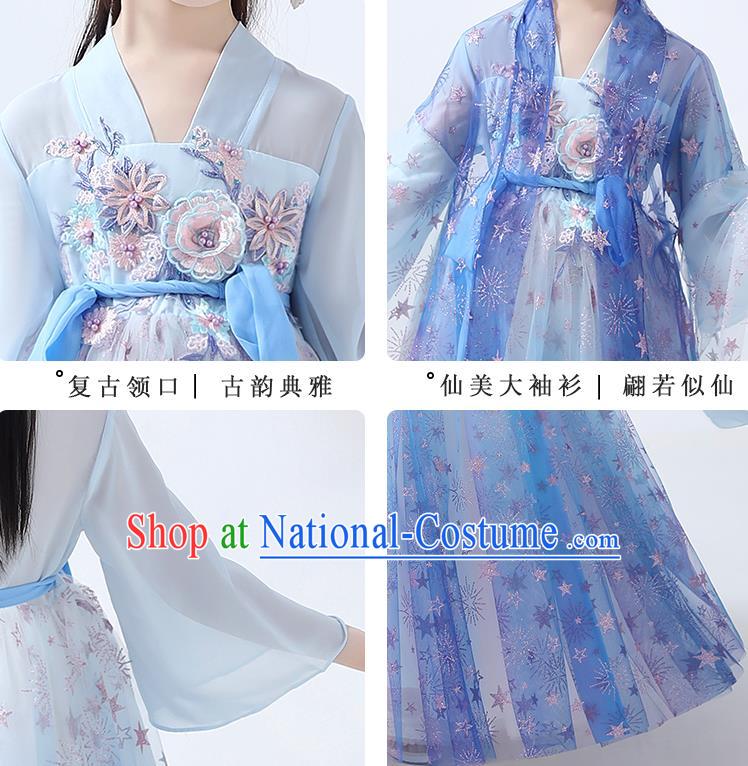 Chinese Traditional Flowers Fairy Hanfu Dress Ancient Princess Costumes Stage Show Apparels Girl Blue Cape Blouse and Skirt for Kids