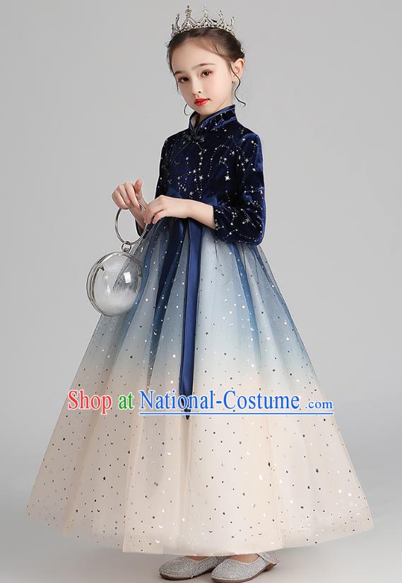 Chinese Traditional Tang Suit Deep Blue Velvet Qipao Dress Apparels Ancient Girl Costumes Stage Show Veil Cheongsam for Kids