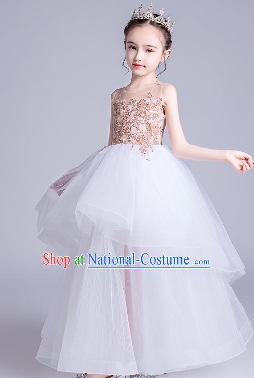 Top Grade Stage Show Princess White Dress Girls Birthday Costume Children Compere Veil Full Dress