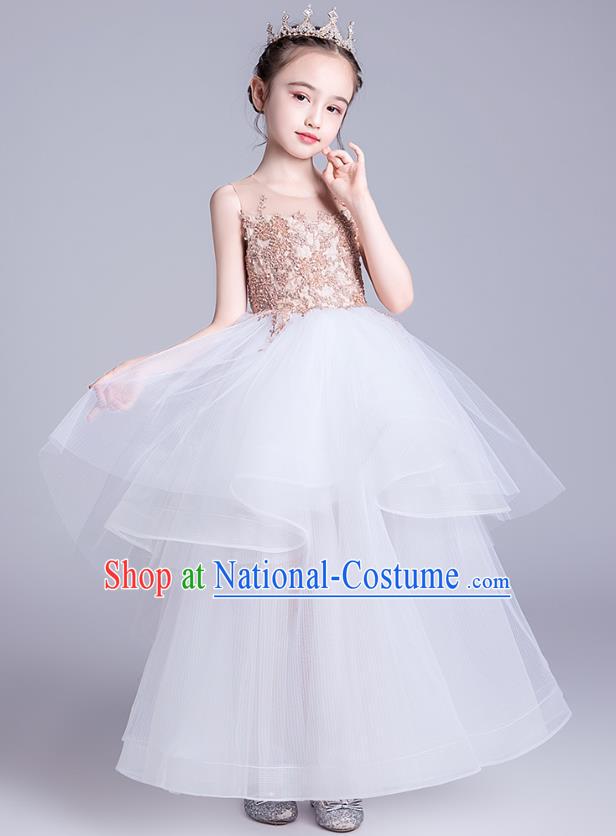 Top Grade Stage Show Princess White Dress Girls Birthday Costume Children Compere Veil Full Dress