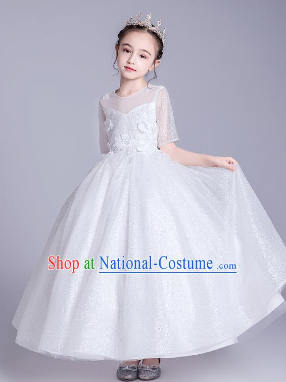 Top Grade Stage Show Princess White Bubble Dress Girls Birthday Costume Children Compere Veil Full Dress