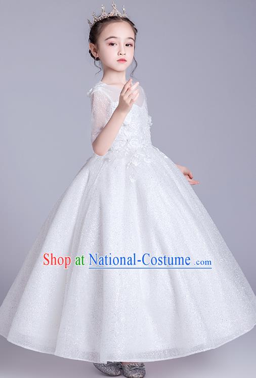 Top Grade Stage Show Princess White Bubble Dress Girls Birthday Costume Children Compere Veil Full Dress