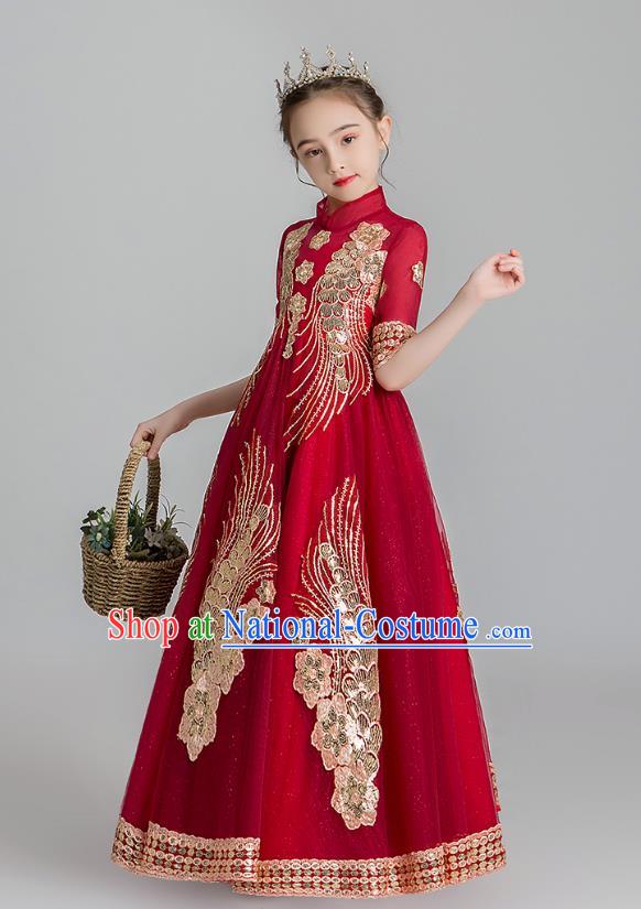 Chinese Traditional Tang Suit Wine Red Qipao Dress Apparels Ancient Girl Costumes Stage Show Embroidered Cheongsam for Kids