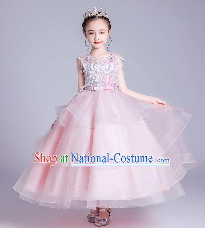 Top Grade Stage Show Princess Pink Veil Dress Girls Birthday Costume Children Compere Bubble Full Dress