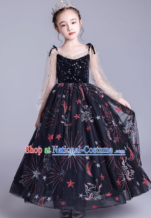 Professional Stage Show Princess Black Chiffon Dress Girls Birthday Costume Children Top Grade Compere Full Dress