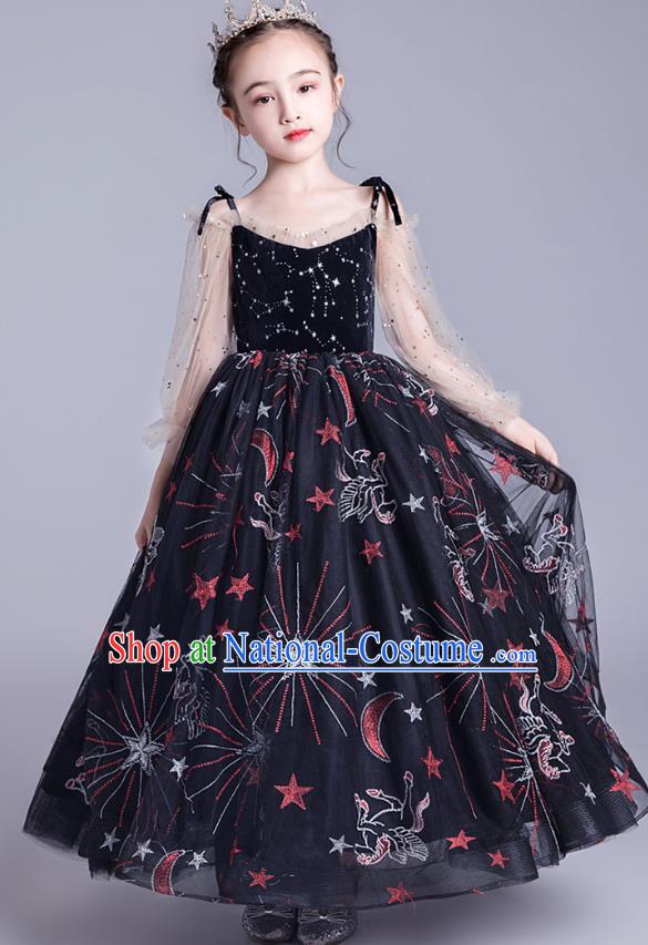 Professional Stage Show Princess Black Chiffon Dress Girls Birthday Costume Children Top Grade Compere Full Dress