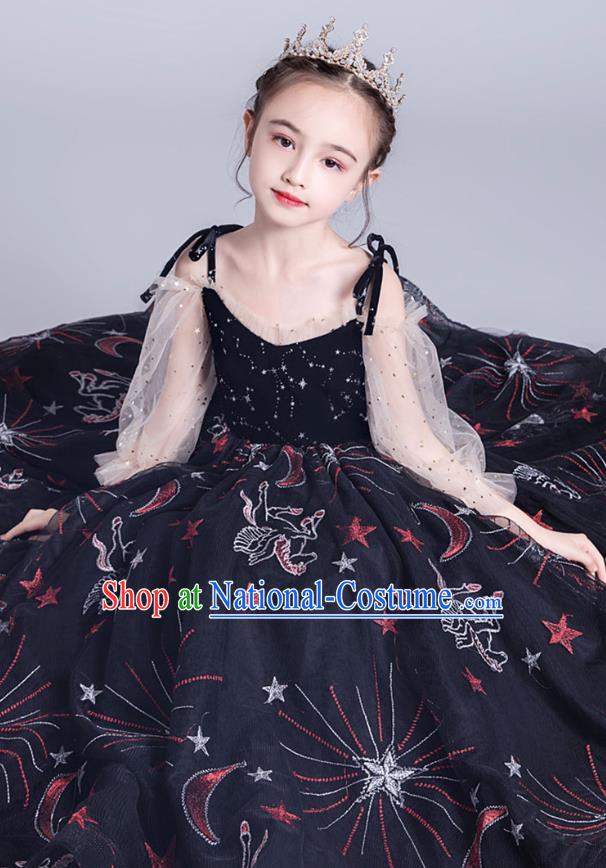 Professional Stage Show Princess Black Chiffon Dress Girls Birthday Costume Children Top Grade Compere Full Dress