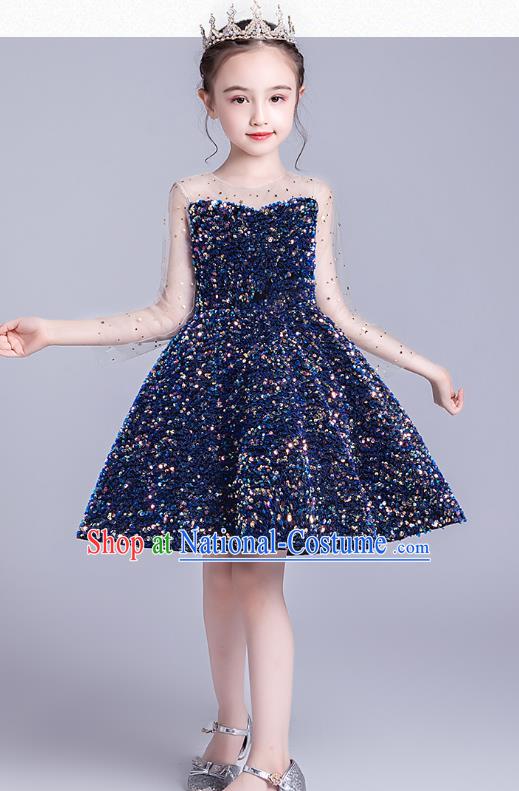 Professional Stage Show Deep Blue Paillette Dress Girls Birthday Costume Children Top Grade Compere Short Full Dress