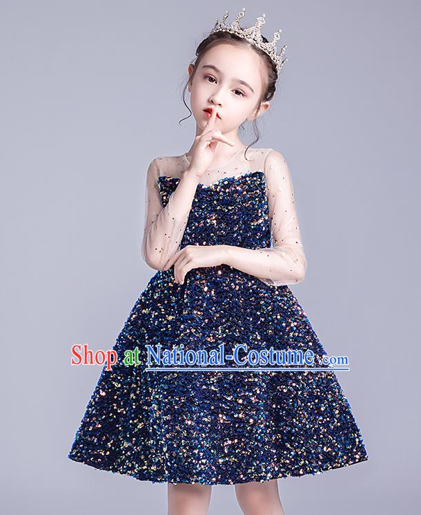 Professional Stage Show Deep Blue Paillette Dress Girls Birthday Costume Children Top Grade Compere Short Full Dress