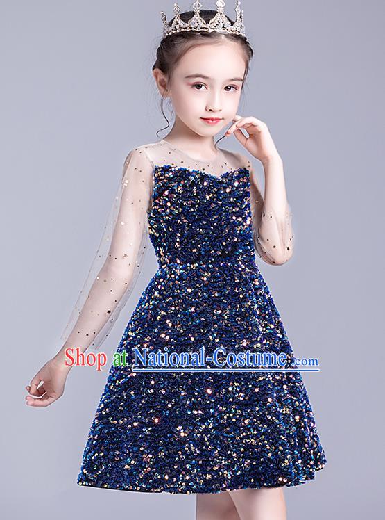 Professional Stage Show Deep Blue Paillette Dress Girls Birthday Costume Children Top Grade Compere Short Full Dress