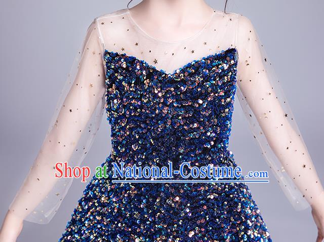 Professional Stage Show Deep Blue Paillette Dress Girls Birthday Costume Children Top Grade Compere Short Full Dress