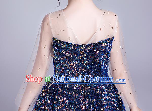 Professional Stage Show Deep Blue Paillette Dress Girls Birthday Costume Children Top Grade Compere Short Full Dress