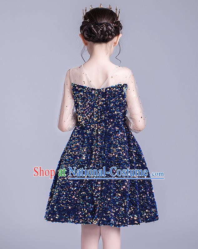 Professional Stage Show Deep Blue Paillette Dress Girls Birthday Costume Children Top Grade Compere Short Full Dress