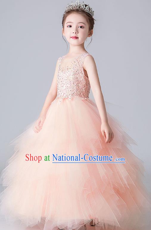 Professional Stage Show Pink Bubble Dress Girls Birthday Costume Children Top Grade Compere Veil Full Dress