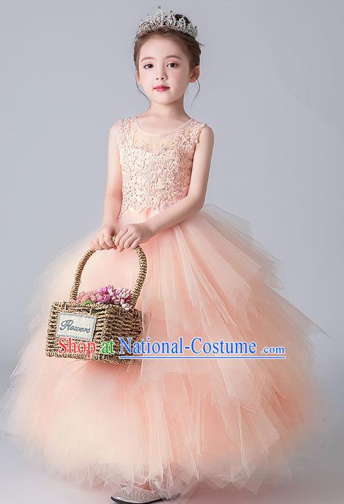 Professional Stage Show Pink Bubble Dress Girls Birthday Costume Children Top Grade Compere Veil Full Dress