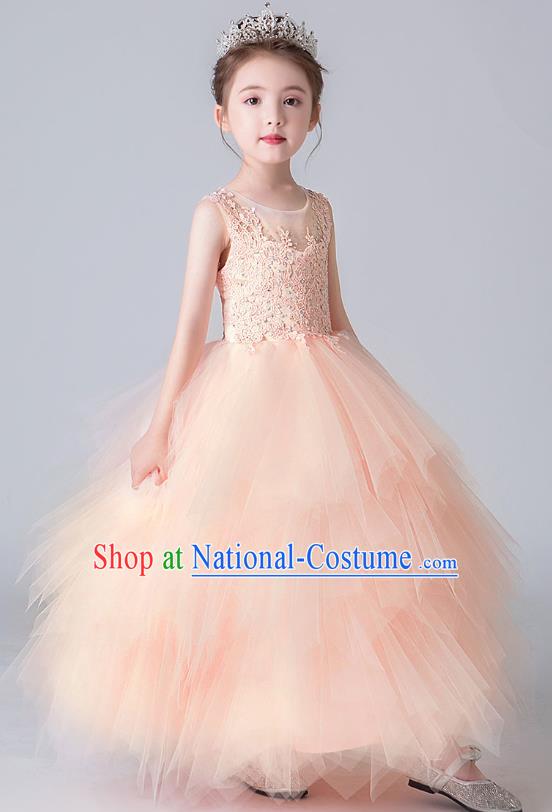 Professional Stage Show Pink Bubble Dress Girls Birthday Costume Children Top Grade Compere Veil Full Dress