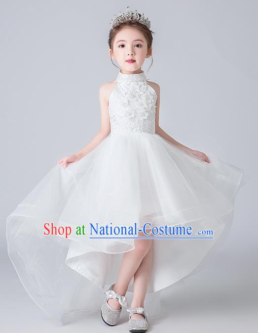 Professional Stage Show White Bubble Dress Girls Birthday Costume Children Top Grade Compere Veil Trailing Full Dress